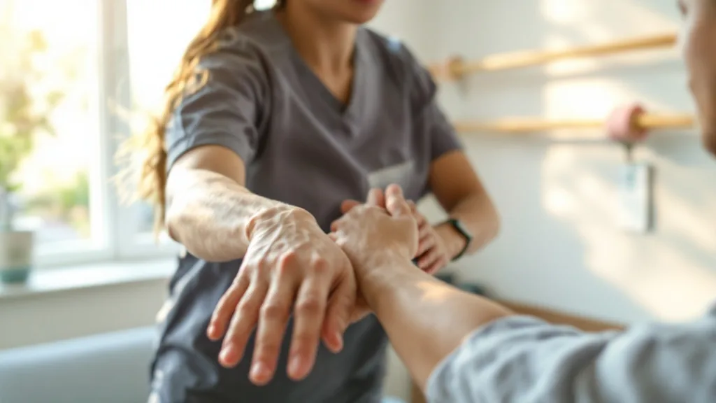 A physical therapist guiding a patient through a slow shoulder movement