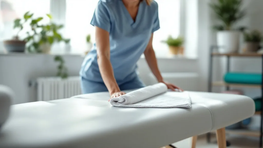 A physical therapist getting a treatment table ready before a patient arrives