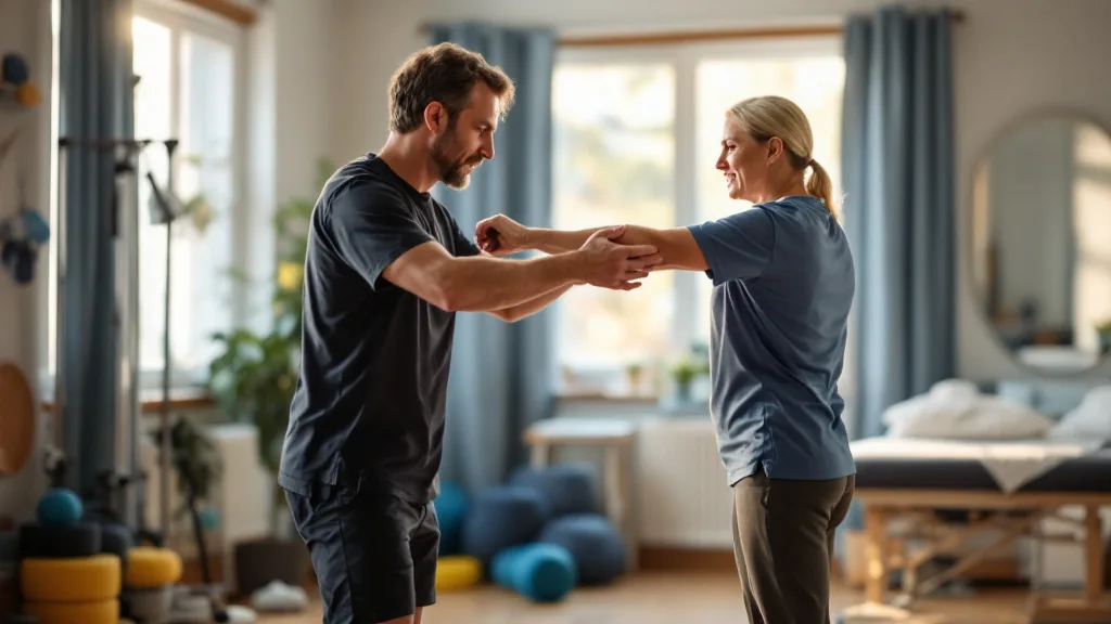 Therapist guiding a patient through a resistance band exercise